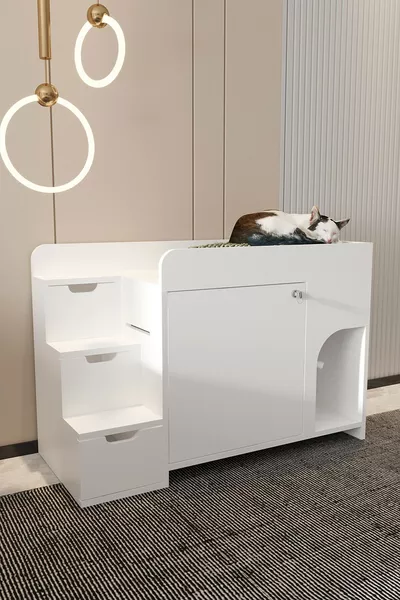 Litière et lit en bois pour chat MAYA modèle lit superposé - couvercle verrouillable - sans bac à litière - sans lit - BLANC