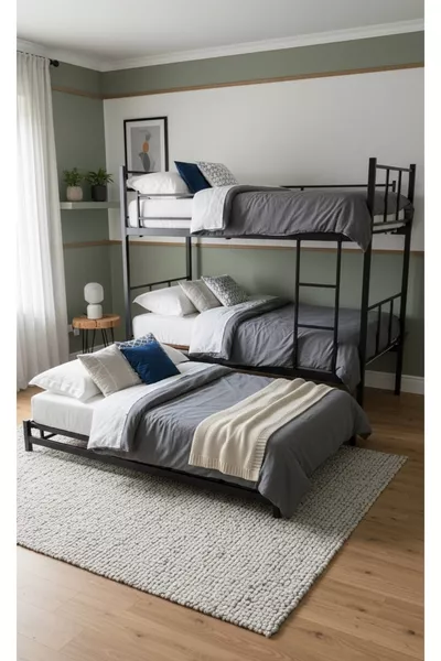 Modern Star Bunk Bed with Trundle, Compatible with Mattress, 3-Person Black Metal Bunk Bed Frame