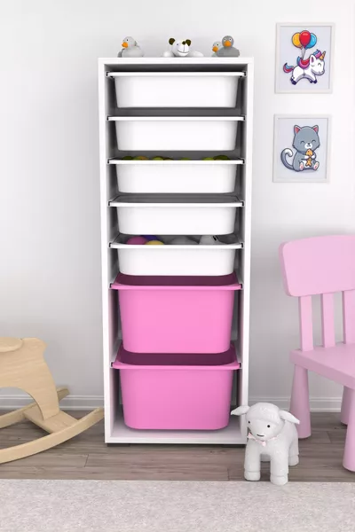 Zola 7 Körbchen Schrank Spielzeugschrank Multifunktionaler Küchen-, Bad- und Vorratsschrank Rosa Weiß