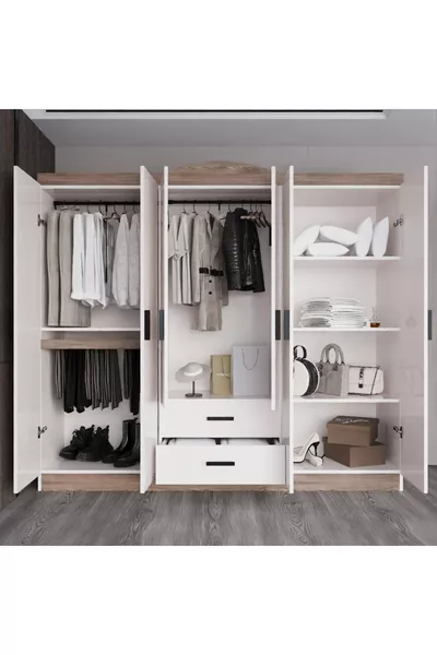 Armoire Bianca à 6 portes et 2 tiroirs, grande armoire & penderie, pin Atlantique & blanc