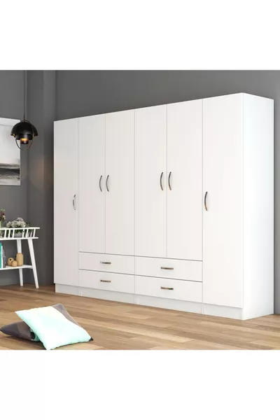 6-türiger, 4-schubladiger großer Kleiderschrank Weiß - 
