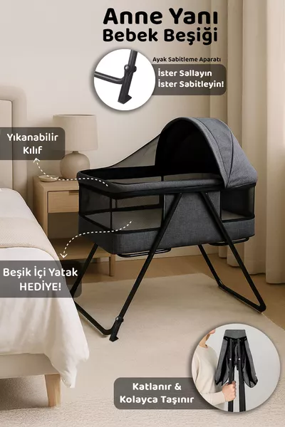 Klappbares Babybett - Mit Netz tragbares faltbares Schaukelbett für Elternseite, Reisebett, Schwarz