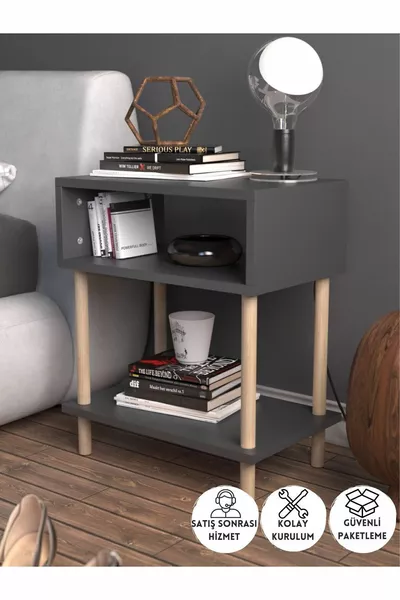 Table de chevet moderne à 2 étagères pour chambre à coucher, organisateur de chevet avec pieds en bois - Anthracite