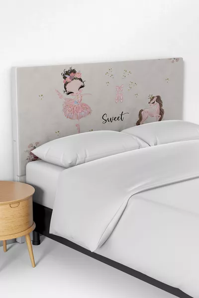 Copricuscino per Testata Letto Bambino con Design Beige di Ballerina e Unicorno