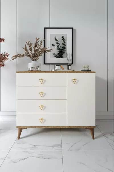 Eenvoudige moderne ladekast met 4 lades en 1 deur, ecru/noot