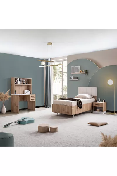 Chambre d'enfant Efes Bureau, Lit avec rangements, Table de chevet Noyer Crème