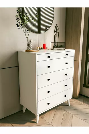 Commode Blanche Brillante 5 Tiroirs Country Commode Chevet en Bois