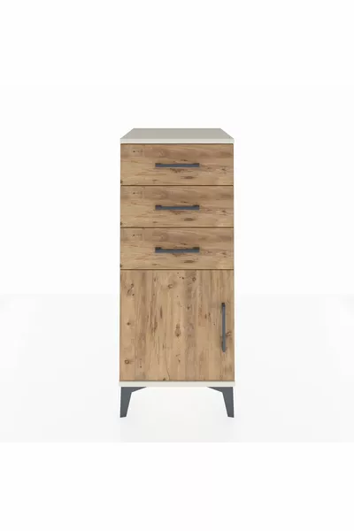 Commode Hyperion à une étagère, 3 tiroirs et une porte, Pierre de lune-Pin
