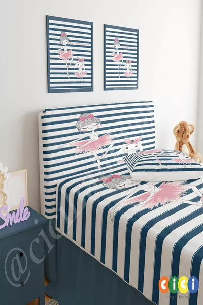 Housse de tête de lit Bleu marine à rayures avec ballerine et lapin