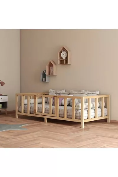 Kapılı Unisex Montessori Bebek Ve Çocuk Karyolası Doğal Ahşap Yatak