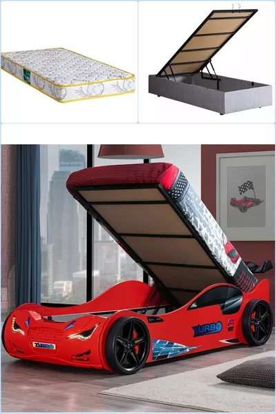 Car Bed, Super Base Car Bed with Canopy, LED - Red 1 Piece Comfort Mattress