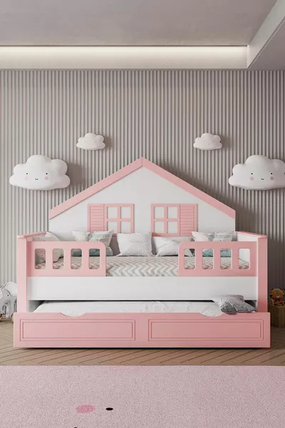 % Lit Montessori pour enfants en MDF avec tiroirs, rose