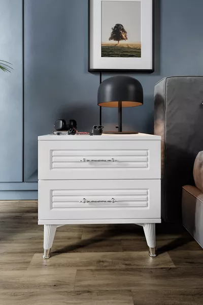 White Silver Shuttered 2-Drawer Nightstand