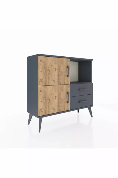 Commode Arges 2 étagères 2 tiroirs 2 portes Anthracite-Sapin/Anthracite