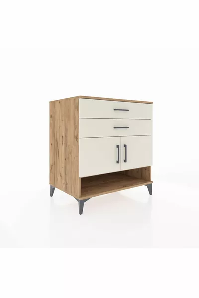 Kronos Kommode mit 2 Regalen, 2 Schubladen und 2 Türen, Kiefer-Marmoroptik