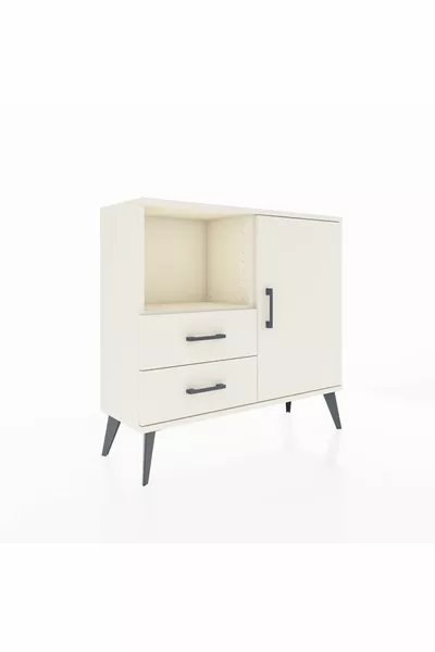 Commode Arges avec 2 étagères, 2 tiroirs et une porte, couleur Oeil-de-pierre