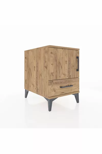 Table de chevet Kronos avec 2 étagères, 1 tiroir et 1 porte, pin-pin