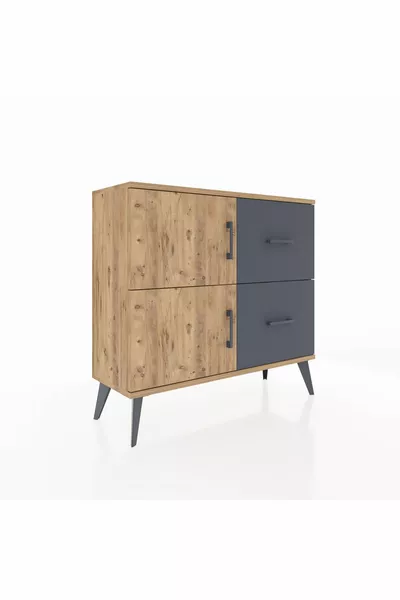 Commode Arges avec une étagère, 2 tiroirs et 2 portes, Pin-Pin/Anthracite