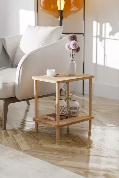 2-Shelf Side Table with Magazine Rack, Bookshelf, Flower Stand, Multi-Purpose Nightstand