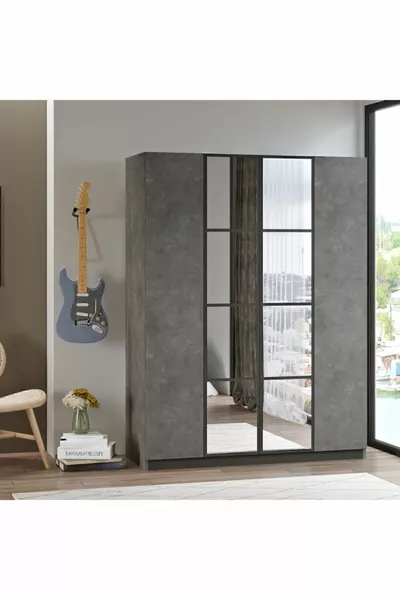 New Home 4-türiger Spiegelschrank mit Schubladen Kleiderschrank Beton -rg