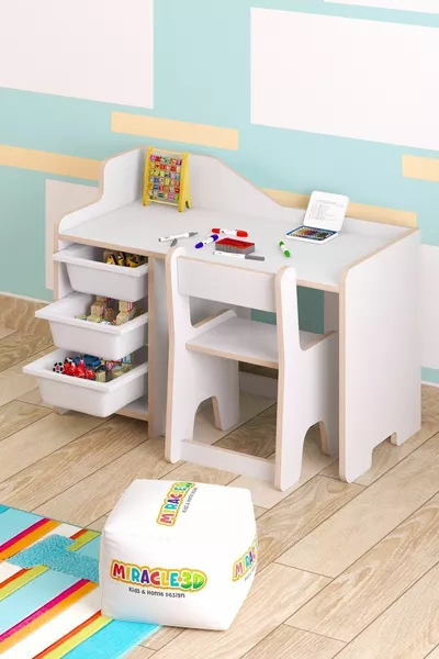 Children's Study Desk Cm 3-Basket Children's Study Desk with Chair with Backrest