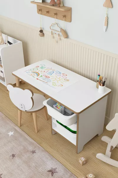 Table d'activité avec rouleau de papier à dessin, bureau pour enfants, armoire à jouets
