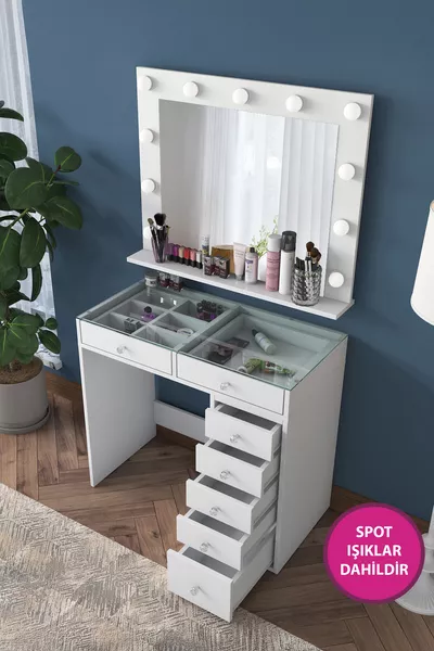 Rani Vanity Hollywood con Specchio e Luci, Tavolo da Trucco con Vetro, Organizer per Gioielli, Bianco