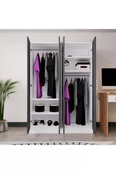 Armoire 4 portes PIANO pour chambre d'adolescent/enfant - Armoire gris anthracite et blanc avec miroir