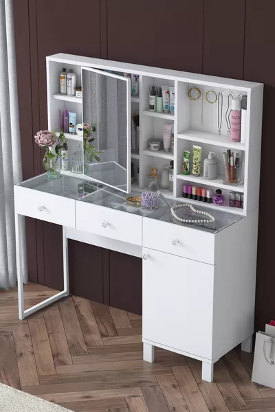 Rani Vanity con Specchio, Cassetti e Ganci per Gioielli, Bianco