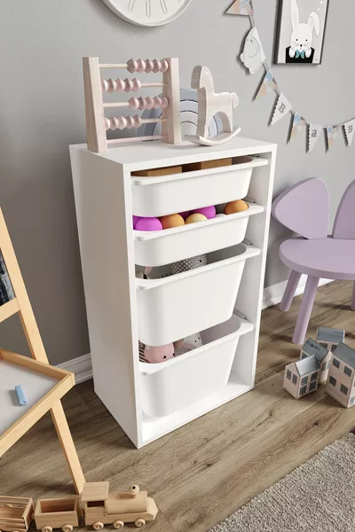 % MDF - Малък моно шкаф за играчки с 4 кошници