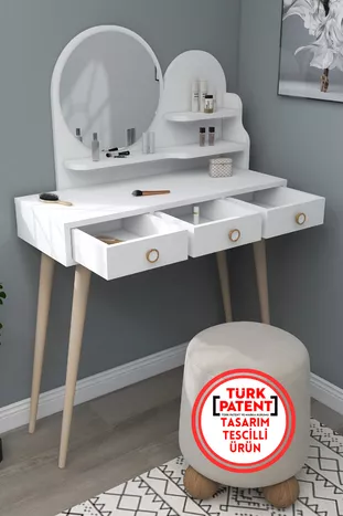 Coiffeuse en bois avec miroir et tiroirs Ruges sur pieds, blanc - Ruges