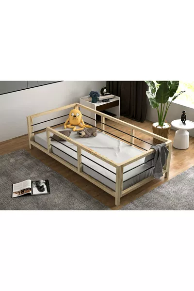 Yap-sa Home Aksa-Montessori Metal-Edged Protected Natural Wood Baby and Children's Bed