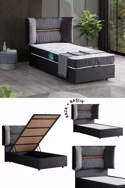 Lisbon Double Set, Single Bed Base and Headboard Set, Anthracite
