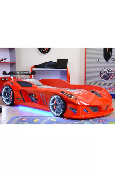 Kinderzimmer - Bett mit Jaguar-Auto, 3-türiger Schrank Sports, Tisch, Kommode, Bücherregal - Rot
