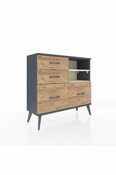 Commode Arges 2 étagères 4 tiroirs Anthracite-Pierre de lune/Merisiers