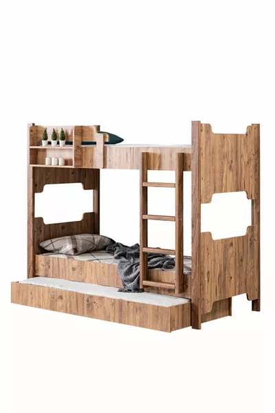 Letto a castello in MDF, letto a castello smontabile Avrasya, letto a castello con lettino in noce