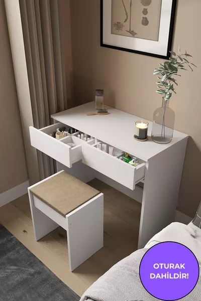 Camera da letto con due ampi cassetti e seduta, moderno tavolo da trucco con pouf e organizer