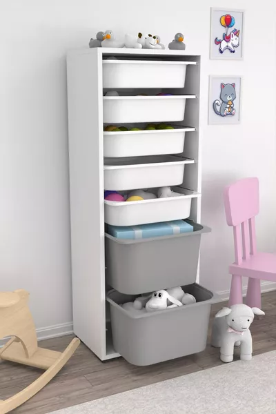 Шкаф Zola с 7 коша, шкаф за играчки, многофункционален шкаф за кухня, баня и килер, сив-бял