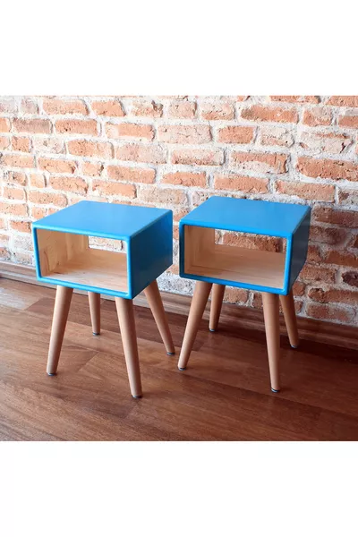 Wooden Turquoise Hand-Painted 2-Piece Retro Nightstand Set Without Drawers