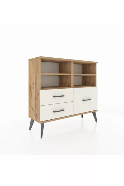 Commode Arges 4 étagères 3 tiroirs Pin-Pin/Pierre de lune