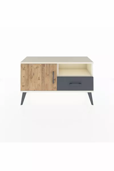 Commode Arges avec 2 étagères, 1 tiroir, 1 porte, couleur Pierre de lune/Pin/Anthracite