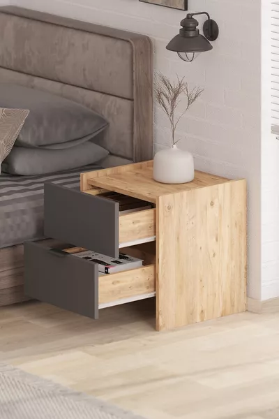 Table de chevet Sadem 2 tiroirs Pin Atlantique/Anthracite avec grand espace de rangement Design moderne (, cm)