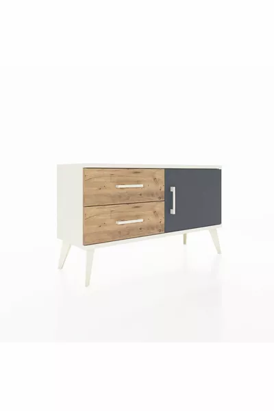 Commode Arges avec une seule étagère, 2 tiroirs et une porte, couleur Pierre de lune-Anthracite/Pins