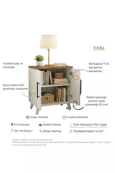 Table de chevet classique Lumen à 2 portes avec étagères, pin - blanc