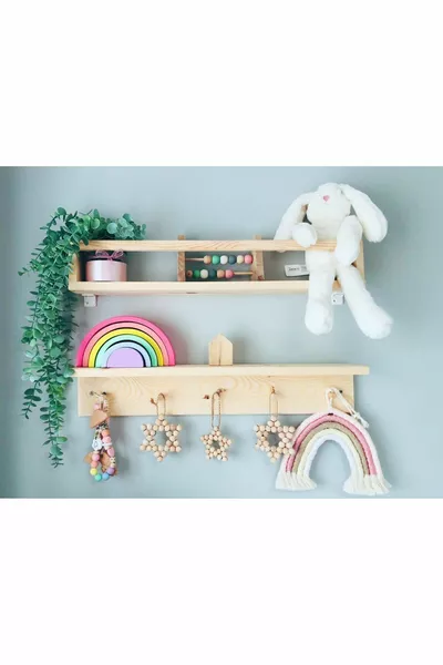 Kayınsan Handmade 2-Piece Wooden Wall Shelf | Hanger and Bookshelf | Montessori cm