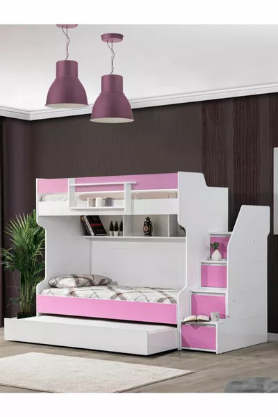 Bunk Bed, Brave Bunk Bed with Ladder - Pink