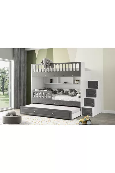 Smaragd Etagenbett / Weiß-Anthrazit / Kostenlose Montage / 3 Schlafbereiche und Treppe mit Schrank / 100% MDF