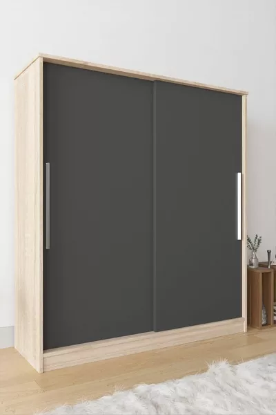  Lily Sliding Wardrobe with Multiple Shelves, Drawers, and Hanging Space in Anthracite Gray