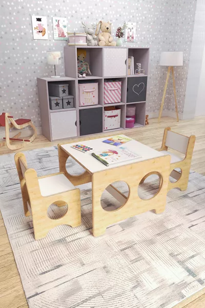 Montessori Children's Play & Activity & Study Table with 2 Chairs