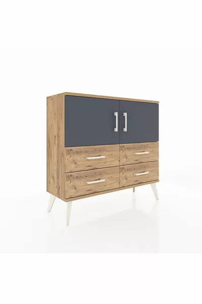 Commode Arges avec 2 étagères, 4 tiroirs et 2 portes, Pin-Anthracite/Pin